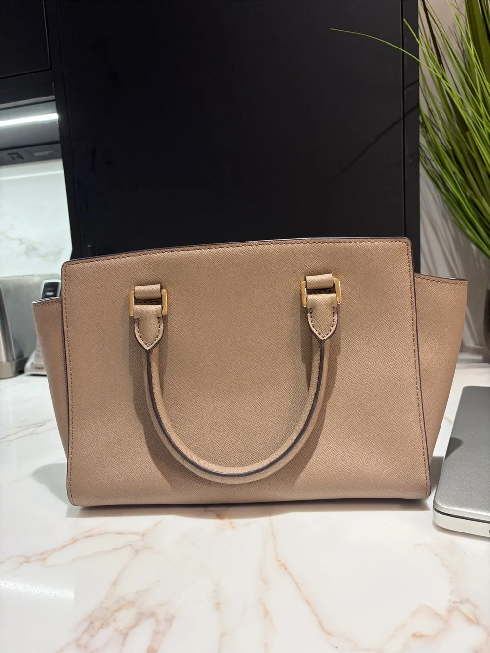Michael Kors Taupe Saffiano Leather Satchel with Gold Hardware